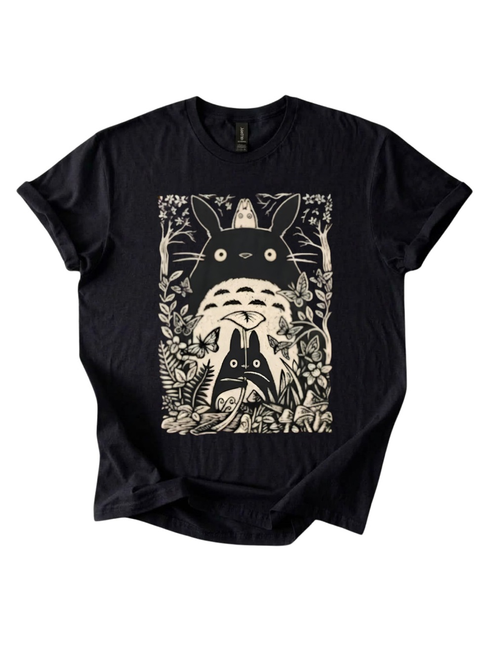 Gildan Black Cat Graphic T-Shirt with Cream Totoro Illustration
